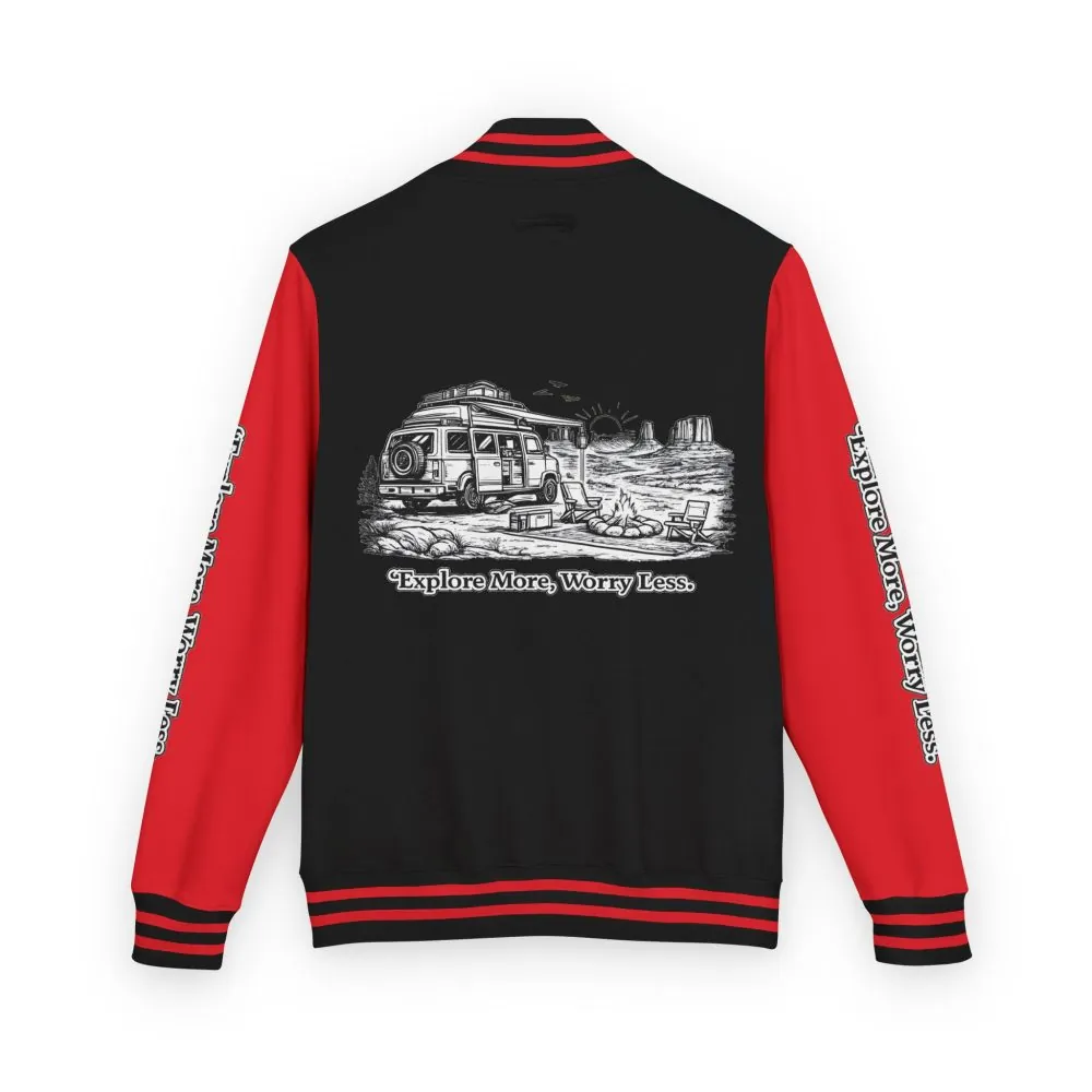 6812665617745377151_2048.jpeg Unisex Heavyweight Letterman Jacket — "Explore More Worry Less" Travel Varsity Coat