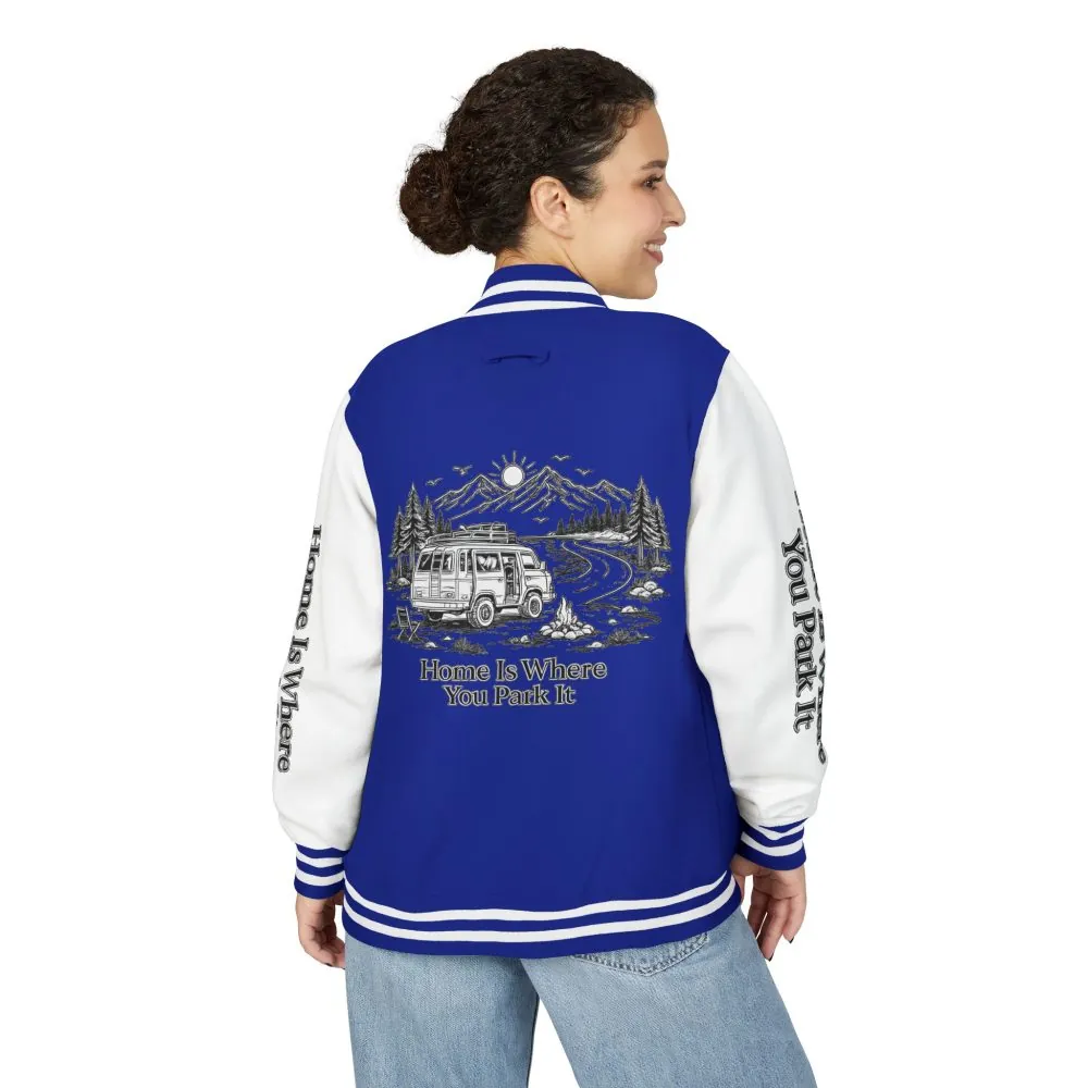 6833333611830504648_2048.jpeg Unisex Heavyweight Letterman Jacket — "Home Is Where You Park It" Travel Varsity Coat