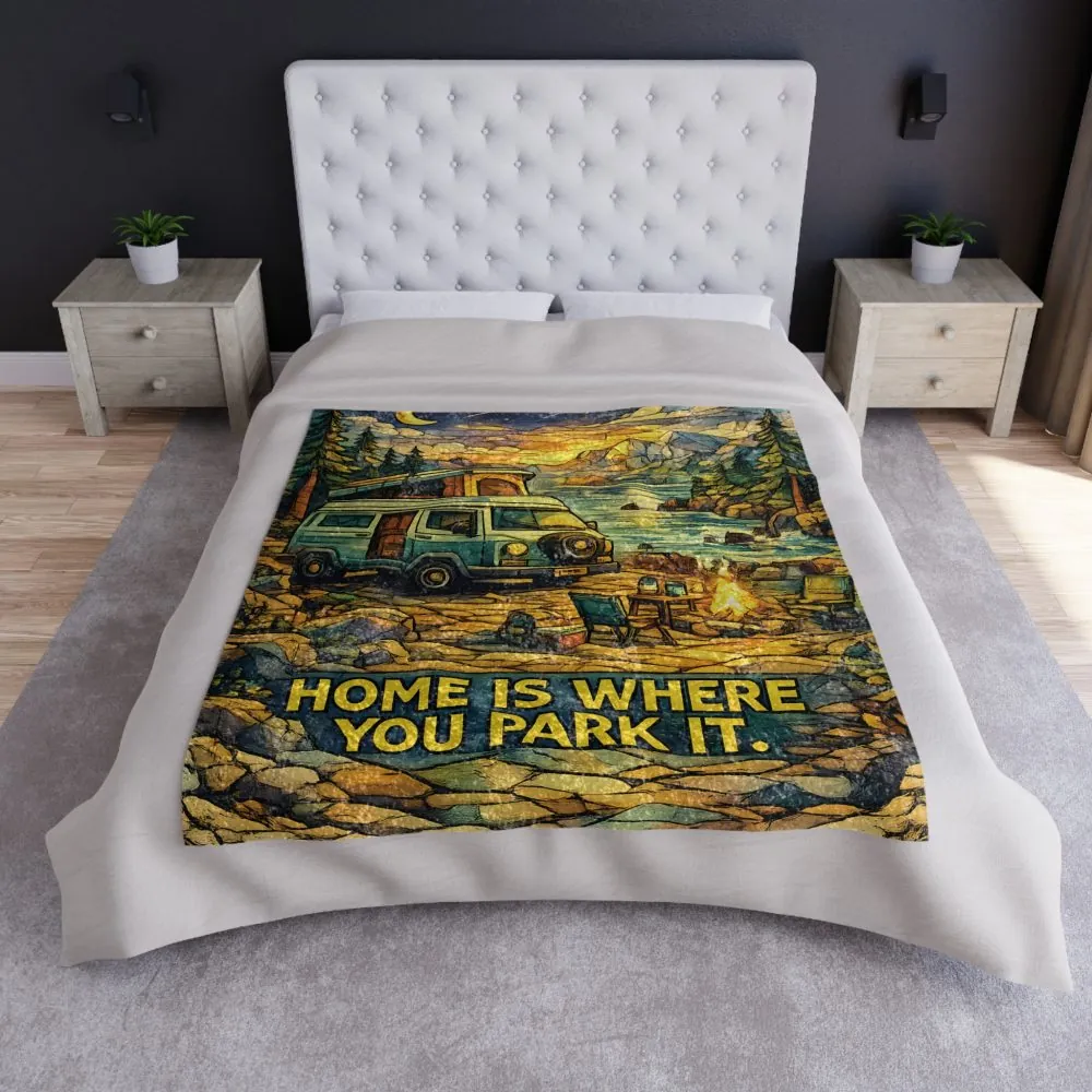 Crushed Velvet Blanket —"Home Is Where You Park It" Design Cubic-Line (Campervan)