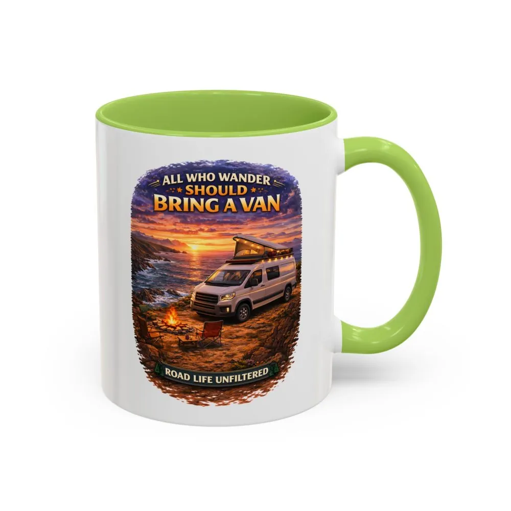 Accent Coffee Mug (11, 15oz) — "All Who wander Should Bring A Van" Design Scenic-Line