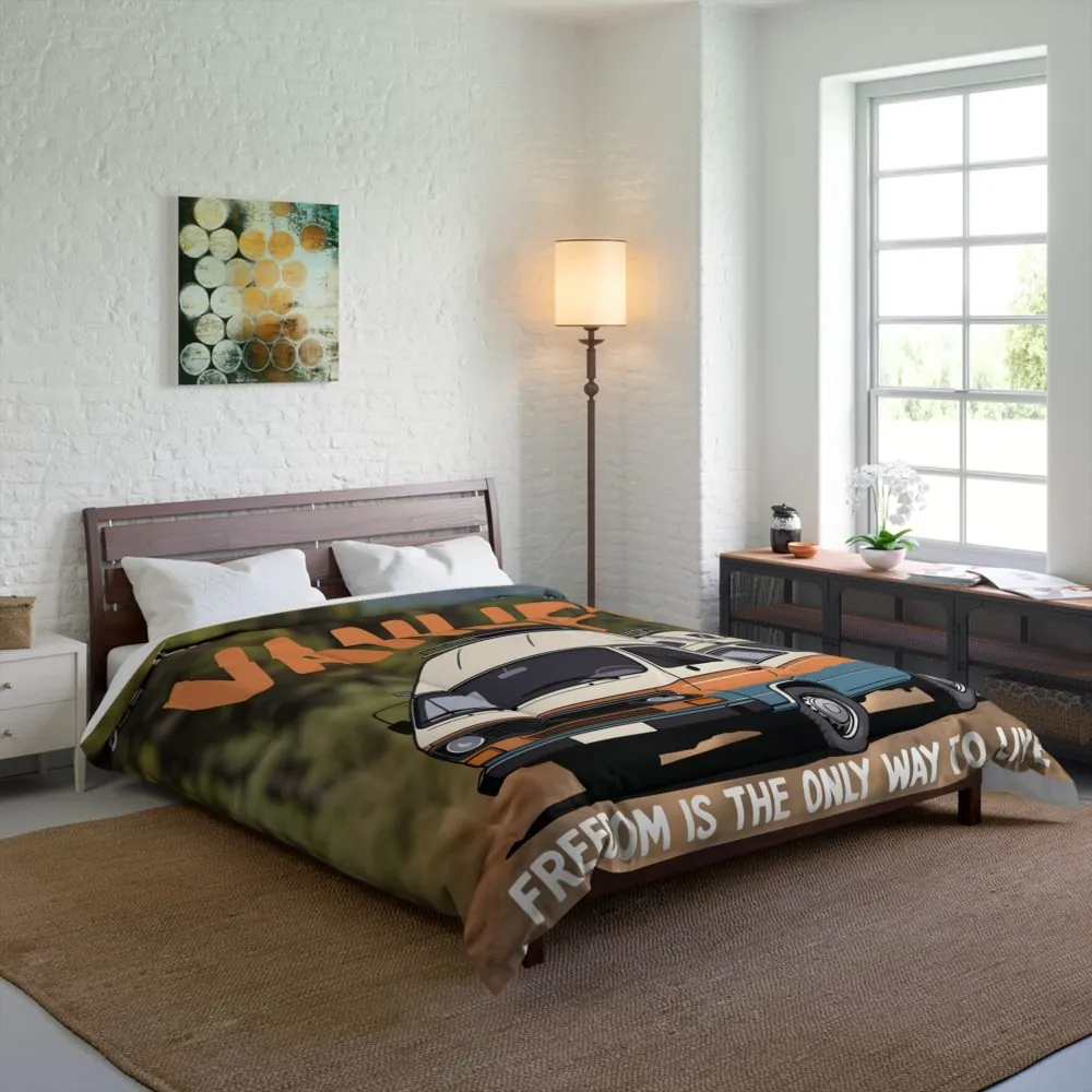 Comforter — "Vanlife freedom is the only way to live" Vintage Camper Van Graphic Comforter