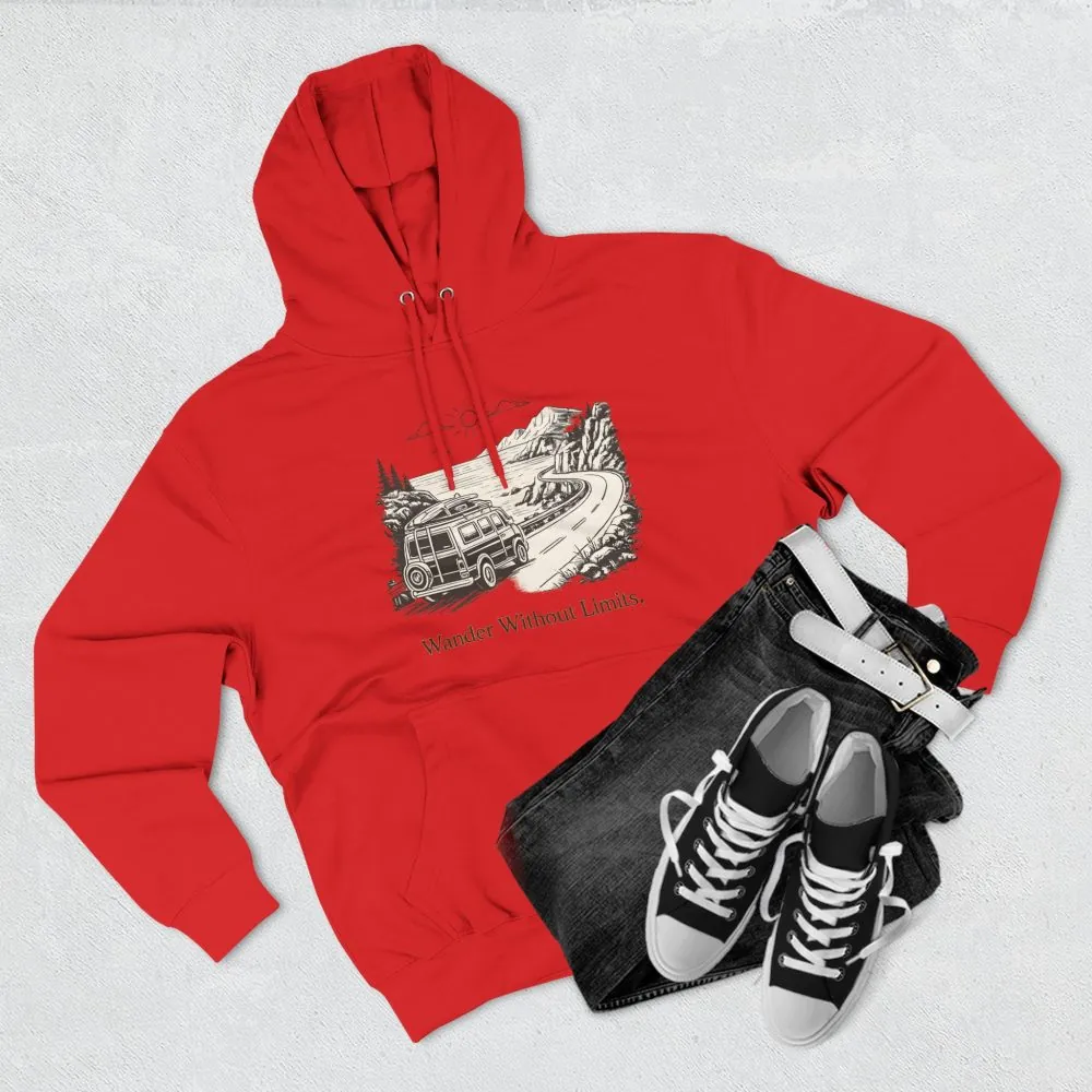 Three-Panel Fleece Hoodie - "Wander Without Limits" Design Minimal-Line