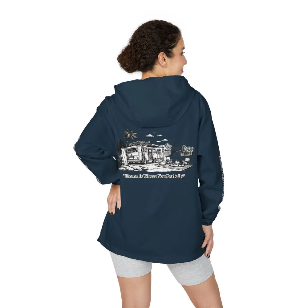 Unisex Full-Zip Windbreaker Jacket — "Home Is Where You Park It" (Design "Minimal-Line")