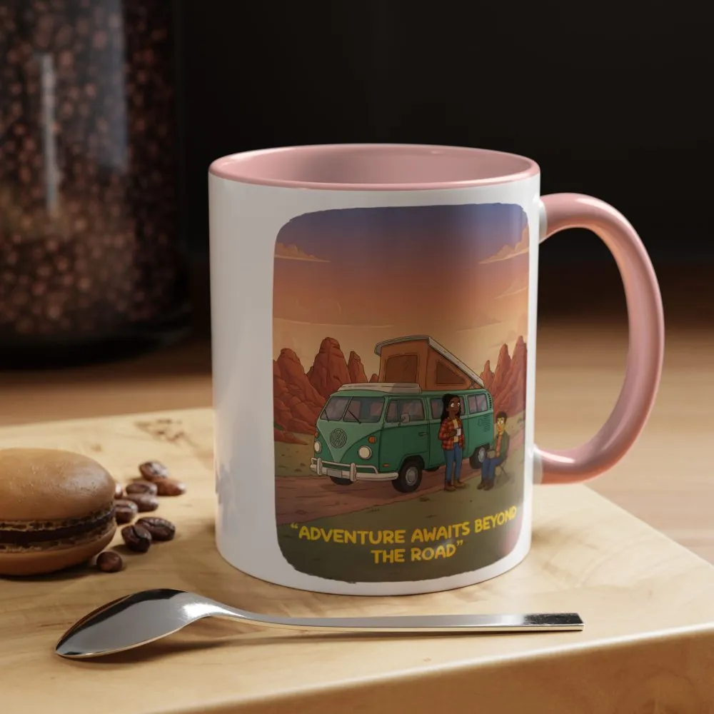 Accent Coffee Mug (11, 15oz) — "Adventure Awaits Beyond The Road" Design Sitcom-Line