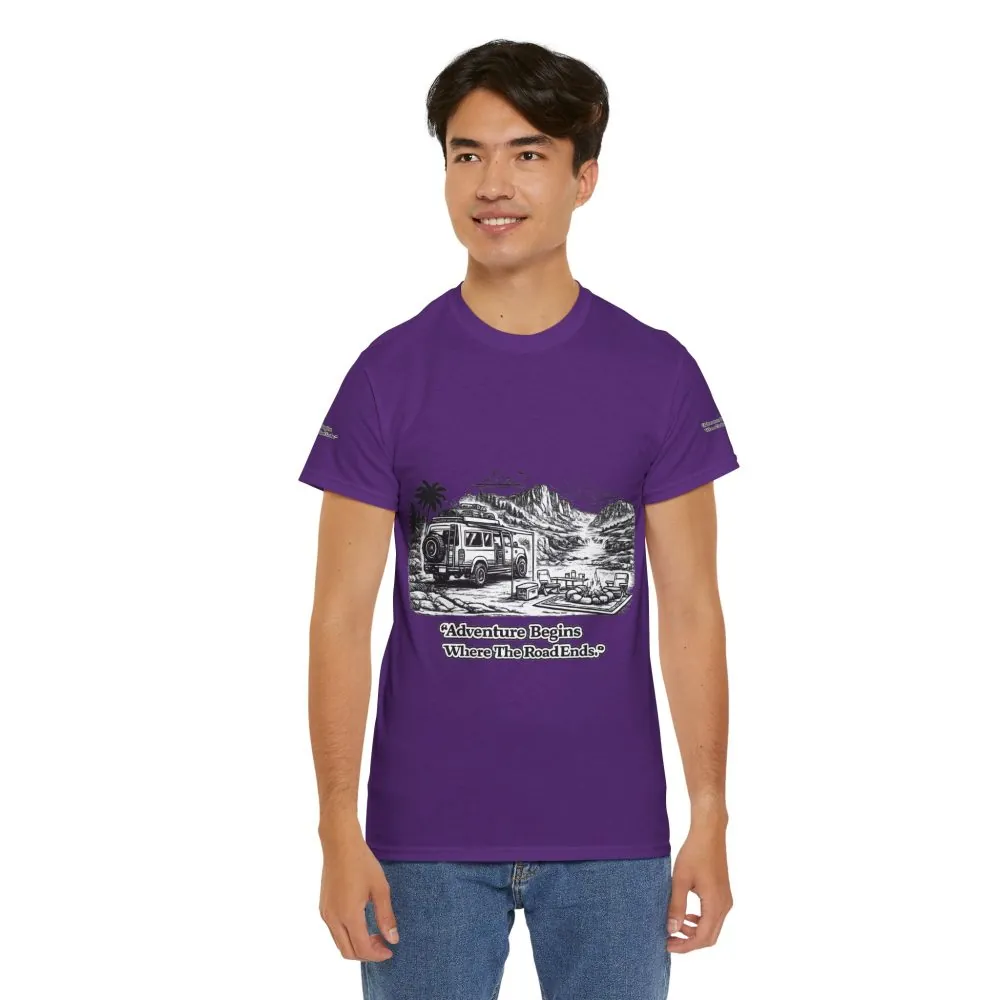 6950251423734708154_2048.jpeg Unisex Heavy Cotton Tee — "Adventure Begins Where The Road Ends" Design Minimal-Line