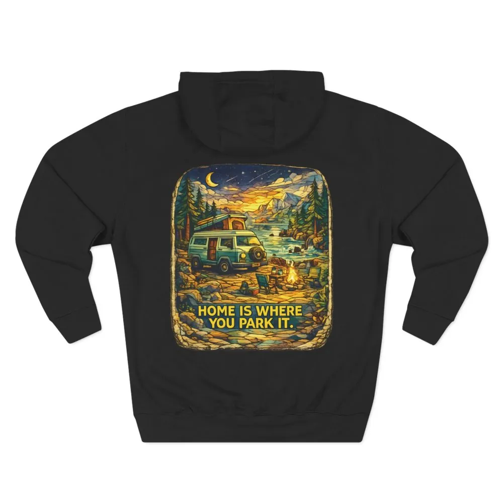 Three-Panel Fleece Hoodie - ""Home Is Where You Park It"" Design Cubic-Line