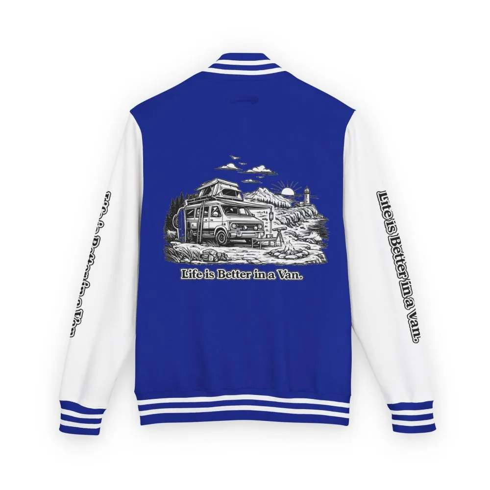 7007591383059875561_2048.jpeg Unisex Heavyweight Letterman Jacket — "Life Is Better In A Van" Travel Varsity Coat