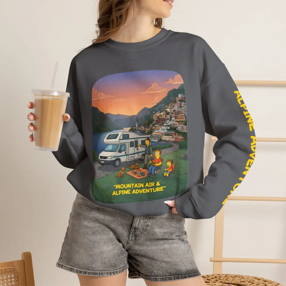 Unisex Heavy Blend™ Crewneck Sweatshirt — "Mountain Air-Alpine Adventure" Design Sitcom-Line
