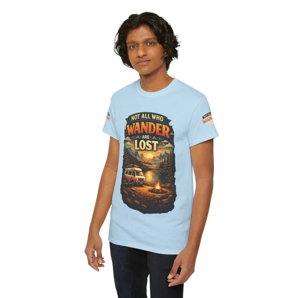 Unisex Heavy Cotton Tee — "Not All Who Wander Are Lost" Design Scenic-Line