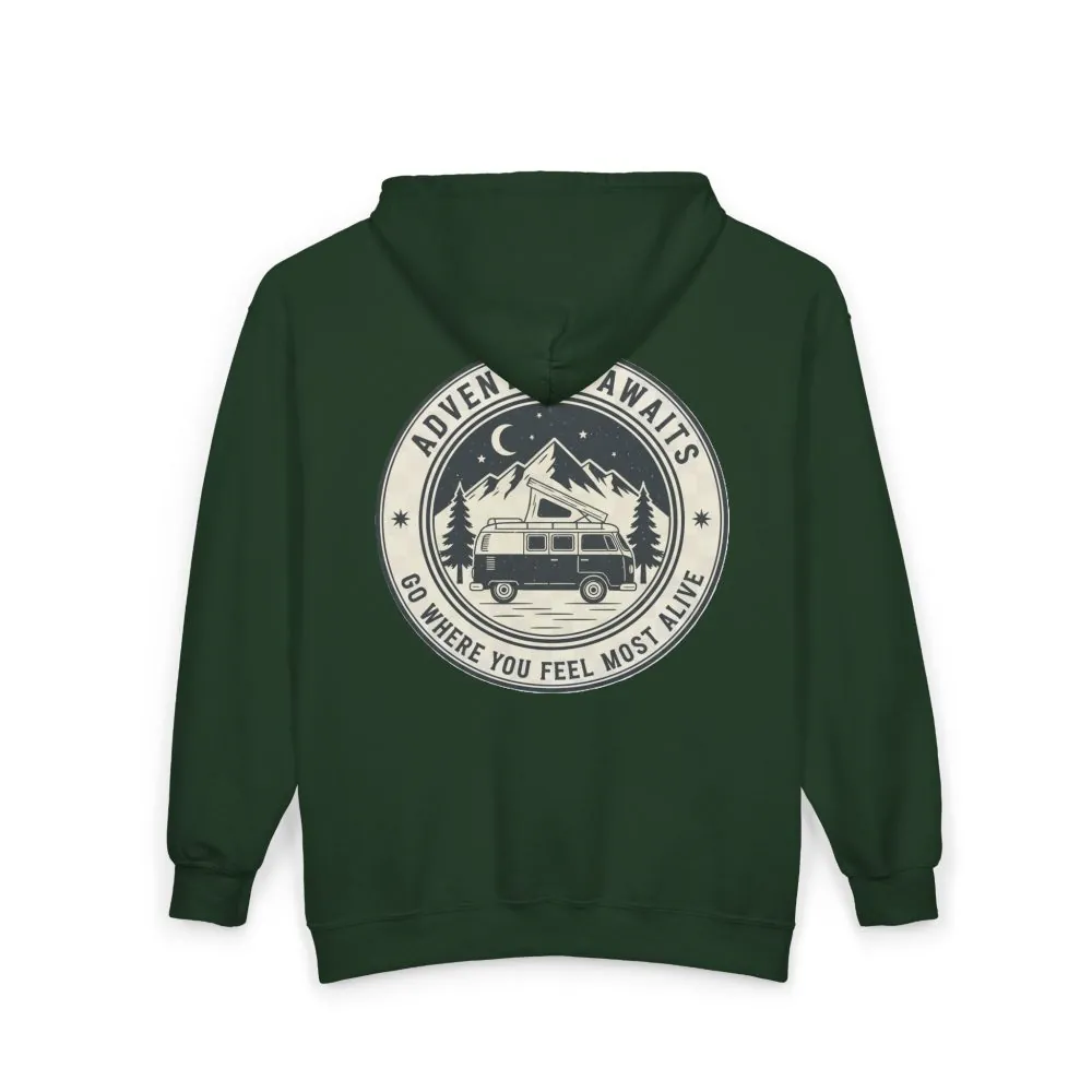 Zip Hoodie — "Adventure Awaits-Go Where You Feel Most Alive" (Front + Back Printed) Camper Van Adventure Zip-Up
