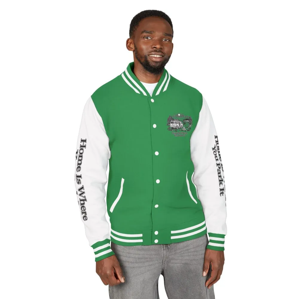 7076660280492313986_2048.jpeg Unisex Heavyweight Letterman Jacket — "Home Is Where You Park It" Travel Varsity Coat