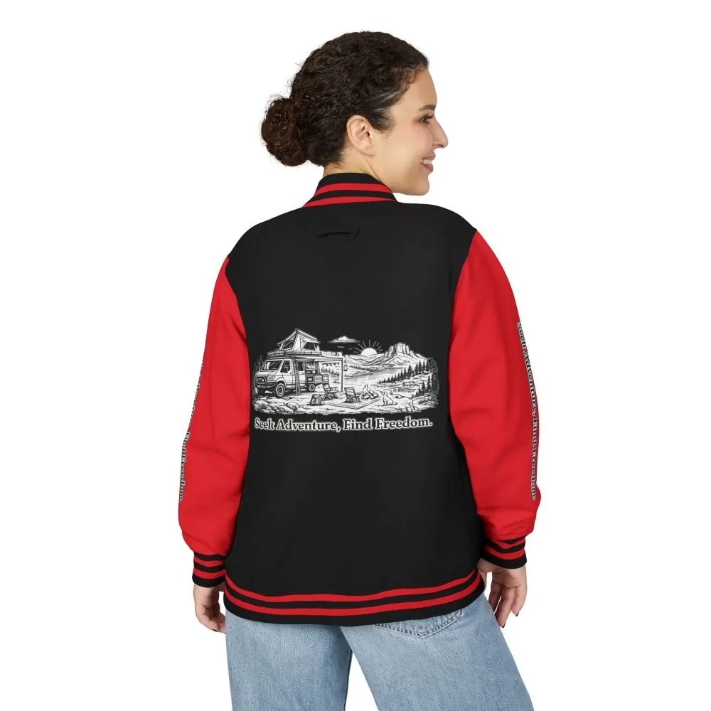 Unisex Heavyweight Letterman Jacket — "Seek Adventure, Find Freedom" Travel Varsity Coat