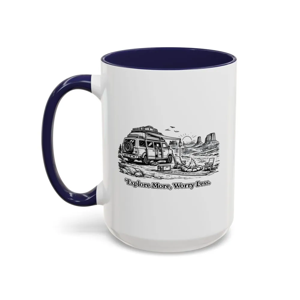 Accent Coffee Mug (11, 15oz) — "Explore More Worry Less" Design Minimal-Line