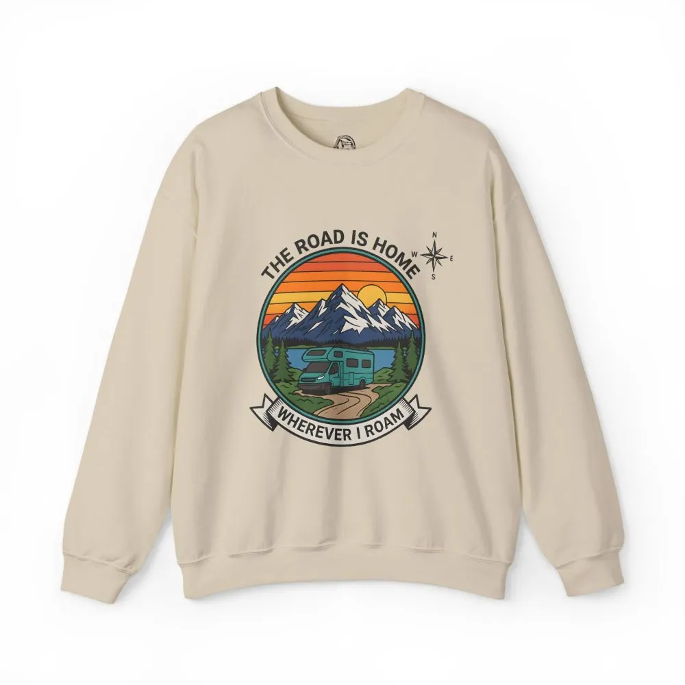 7093144388267396253_2048.jpeg Crewneck Sweatshirt — "The Road Is Home" RV Camper Mountain Adventure