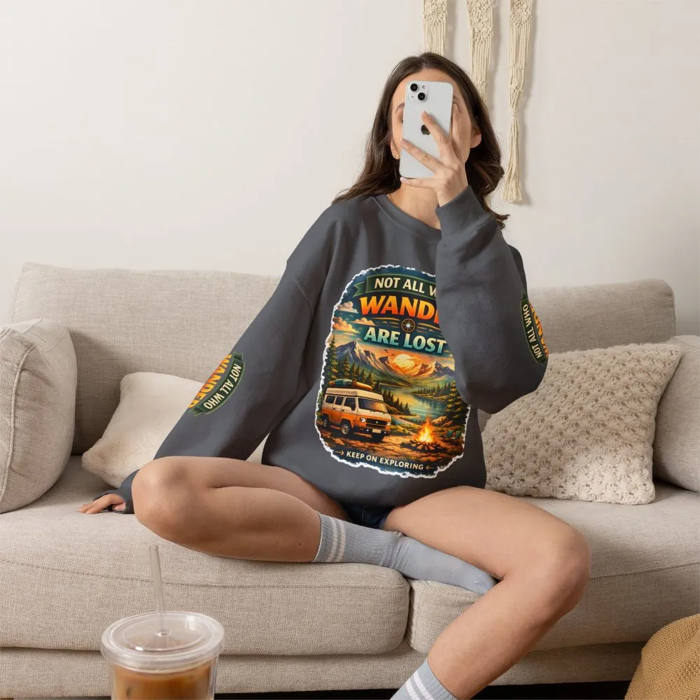 Unisex Heavy Blend™ Crewneck Sweatshirt — "Not All Who Wander Are Lost" Design Scenic-Line