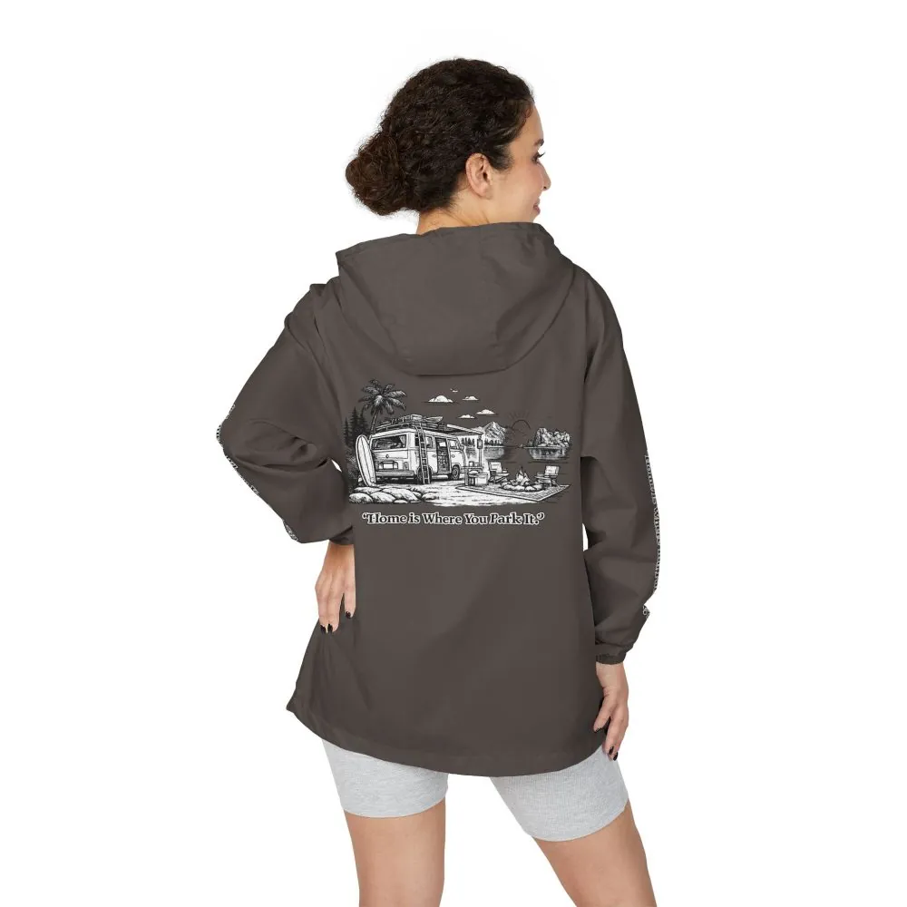 Unisex Full-Zip Windbreaker Jacket — "Home Is Where You Park It" (Design "Minimal-Line")