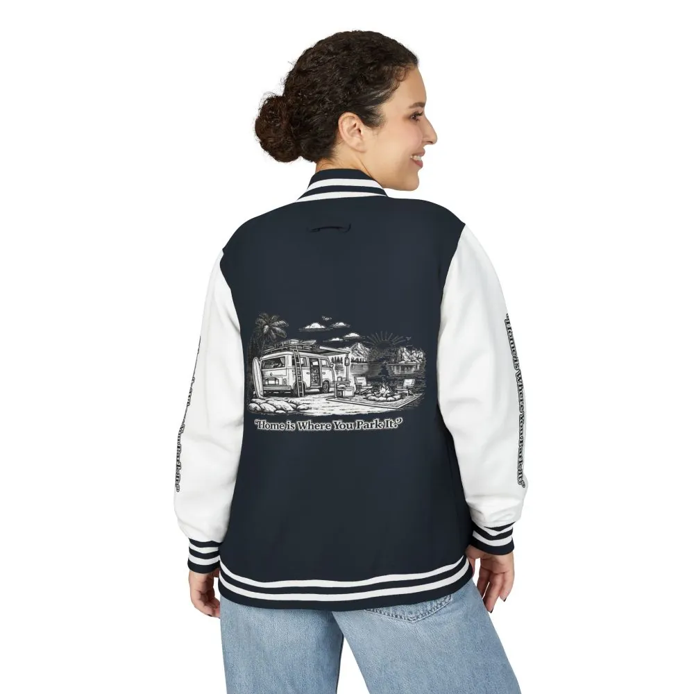 7136806351994980881_2048.jpeg Unisex Heavyweight Letterman Jacket — "Home Is Where You Park It" Travel Varsity Coat