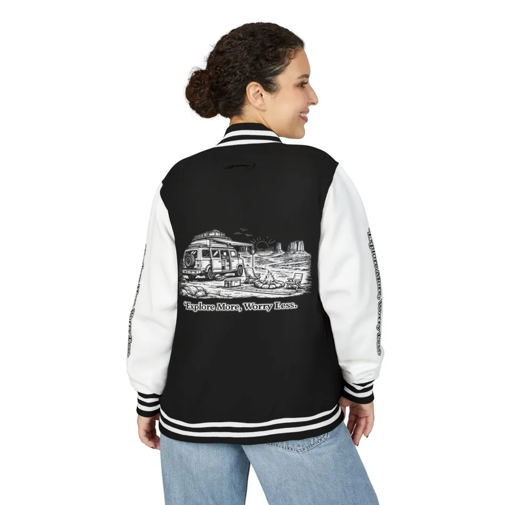 7180424838342168772_2048.jpeg Unisex Heavyweight Letterman Jacket — "Explore More Worry Less" Travel Varsity Coat