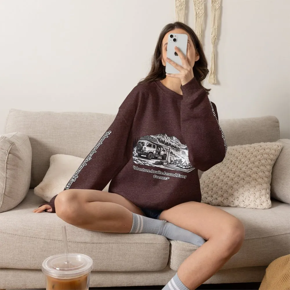 7237841123544999351_2048.jpeg Unisex Heavy Blend™ Crewneck Sweatshirt — "Adventure Awaits Around Every Corner" Design Minimal-Line