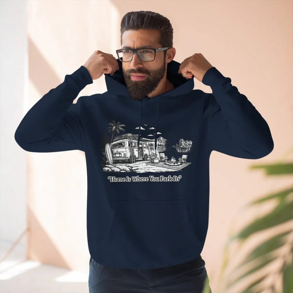 7255773763713070073_2048.jpeg Three-Panel Fleece Hoodie - "Home Is Where You Park It" Design Minimal-Line