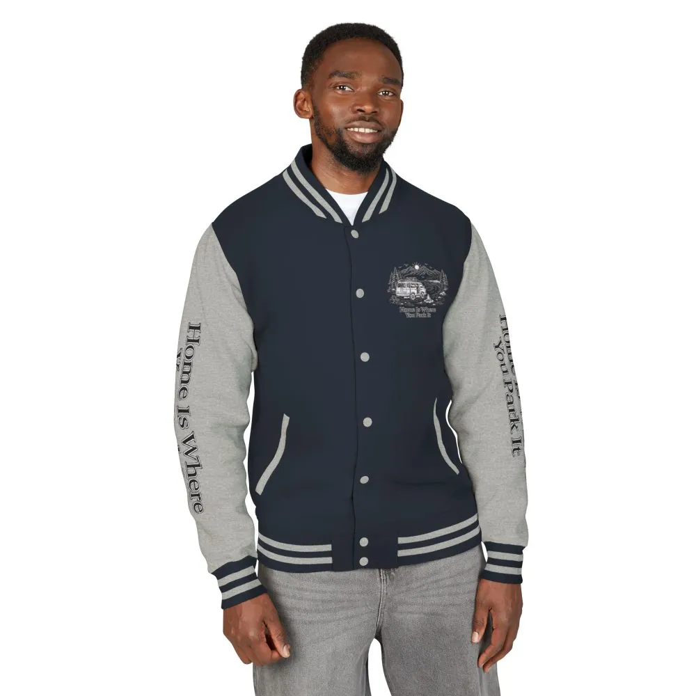 7298155077325183559_2048.jpeg Unisex Heavyweight Letterman Jacket — "Home Is Where You Park It" Travel Varsity Coat