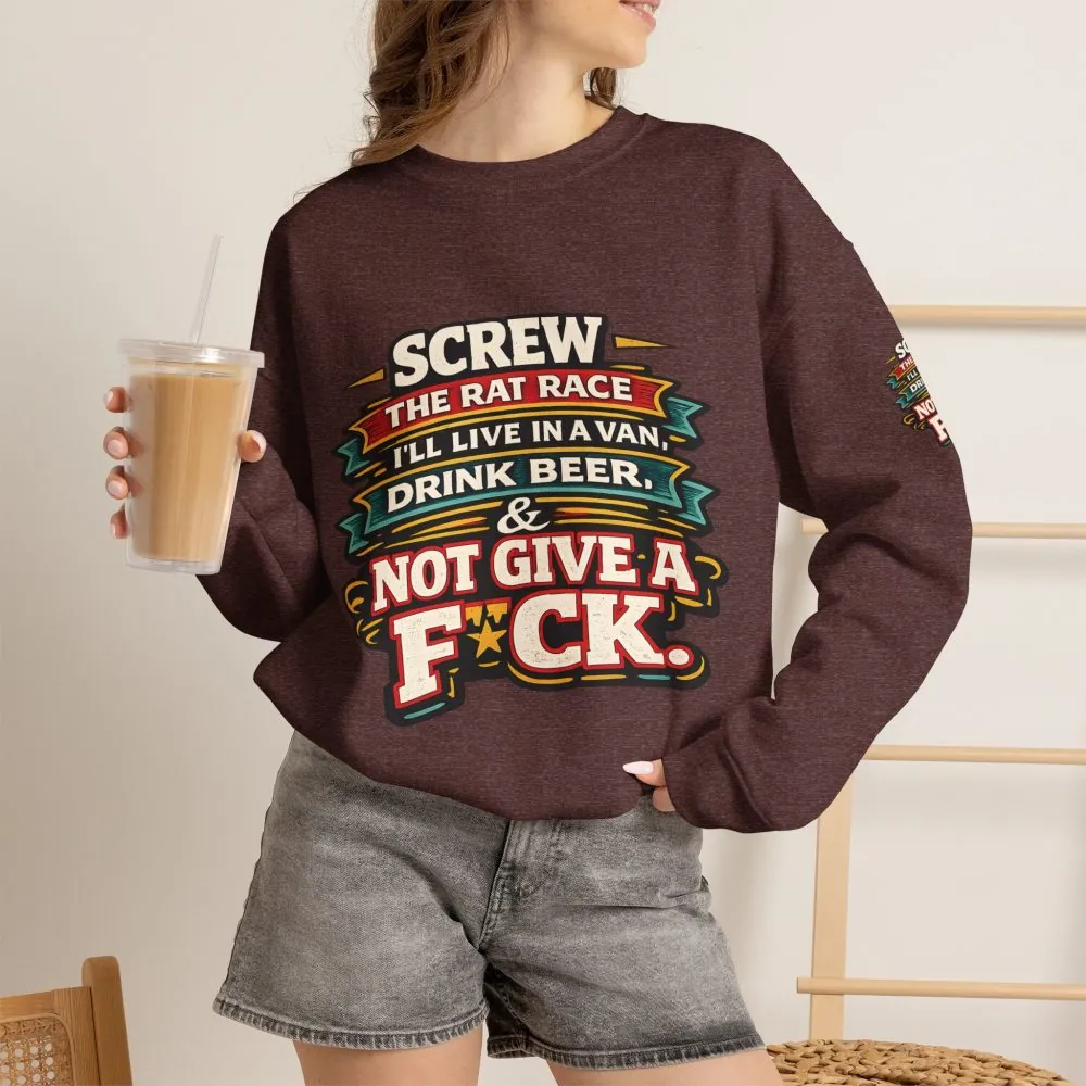 Unisex Heavy Blend™ Crewneck Sweatshirt — "Screw The Rat Race" Design F**K-Line