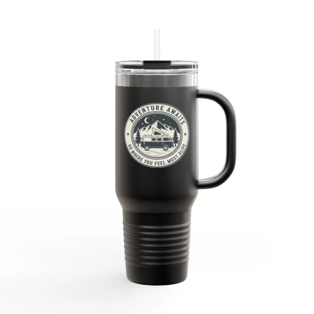 731700137812353906_2048.jpeg Insulated Travel Mug - "Adventure Awaits-Go Where You Feel Most Alive" (40oz) – Retro Camper Design, Keep Drinks Hot or Cold