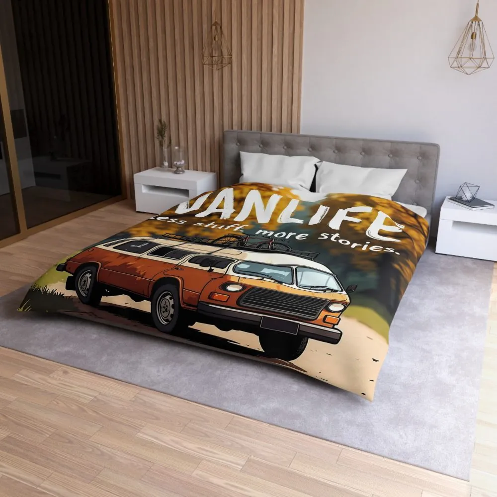 Duvet Cover — "Vanlife Less Stuff, More Stories" Retro Camper Bedding
