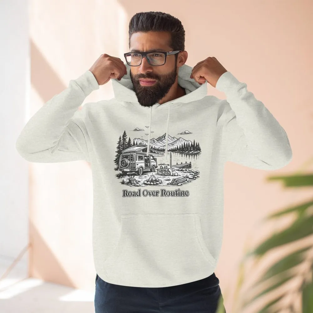 Three-Panel Fleece Hoodie - "Road Over Routine" Design Minimal-Line