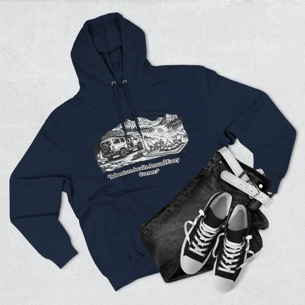 7341102161724575538_2048.jpeg Three-Panel Fleece Hoodie - "Adventure Awaits Around Every Corner" Design Minimal-Line