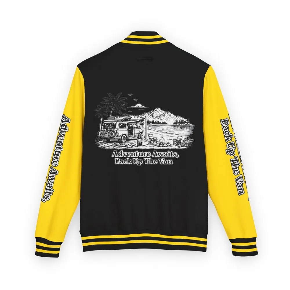 7403399972527873593_2048.jpeg Unisex Heavyweight Letterman Jacket — "Adventure Awaits,Pack Up The Van" Travel Varsity Coat