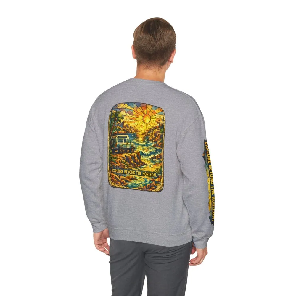Unisex Heavy Blend™ Crewneck Sweatshirt — "Explore Beyond The Horizon" Design Cubic-Line