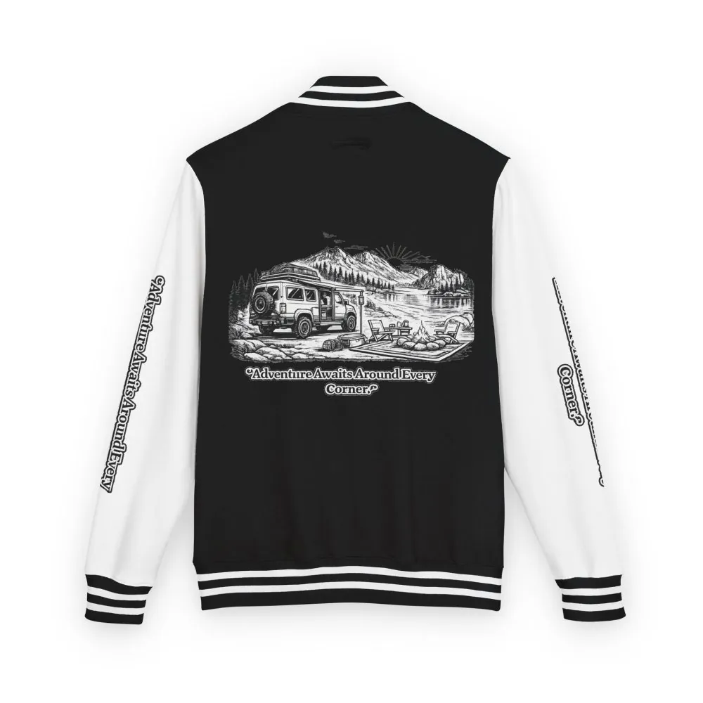 7433444022501556141_2048.jpeg Unisex Heavyweight Letterman Jacket — "Adventure Awaits Around Every Corner" Travel Varsity Coat