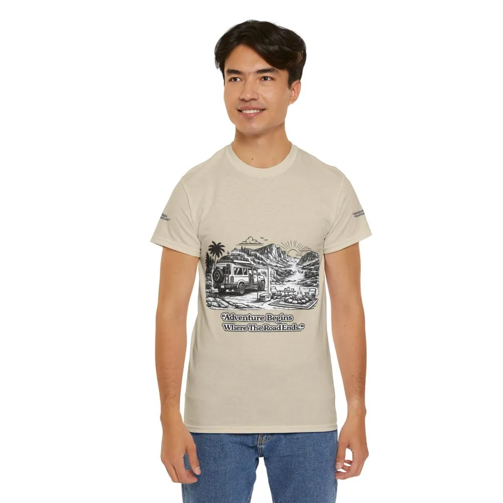 7444587301250274209_2048.jpeg Unisex Heavy Cotton Tee — "Adventure Begins Where The Road Ends" Design Minimal-Line