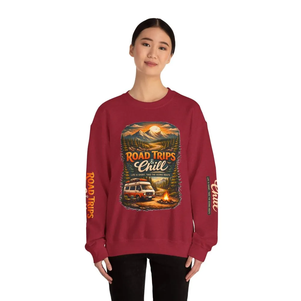Unisex Heavy Blend™ Crewneck Sweatshirt — "Road Trips & Chill" Design Scenic-Line