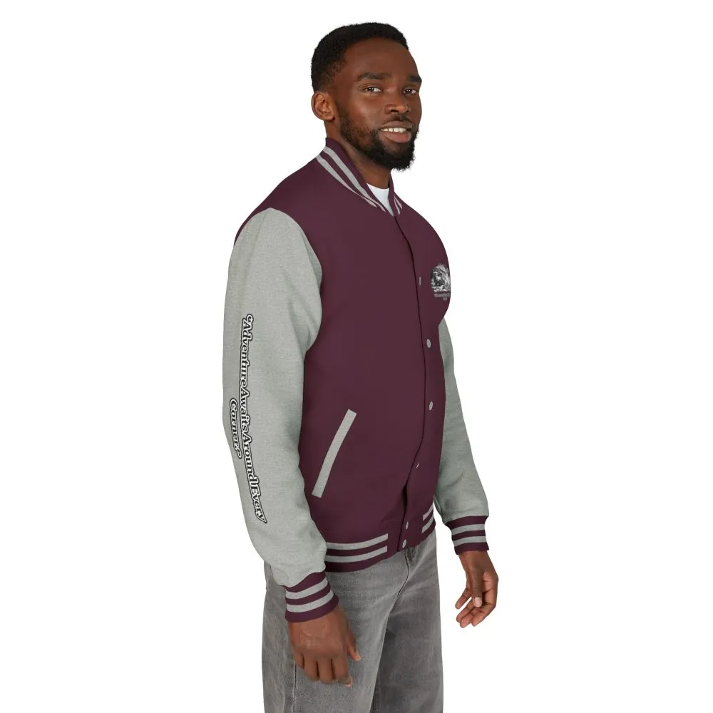 7451879546579230797_2048.jpeg Unisex Heavyweight Letterman Jacket — "Adventure Awaits Around Every Corner" Travel Varsity Coat