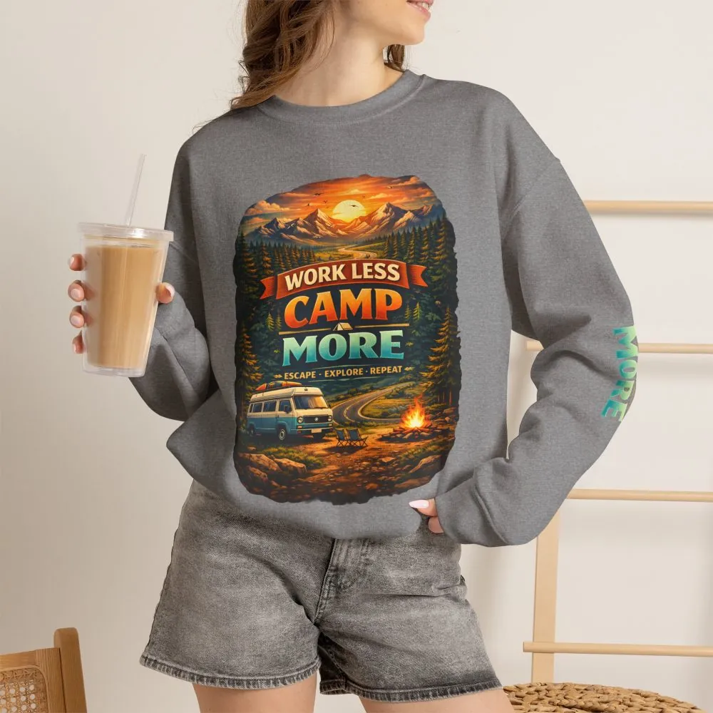 Unisex Heavy Blend™ Crewneck Sweatshirt — "Work Less-Camp More" Design Scenic-Line