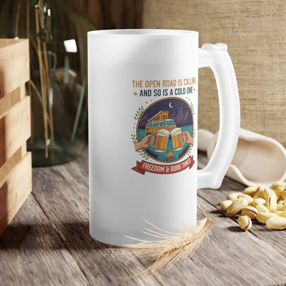 Frosted Beer Mug — 'The Road Is Calling' Vintage Outdoors Camper Design, Gift