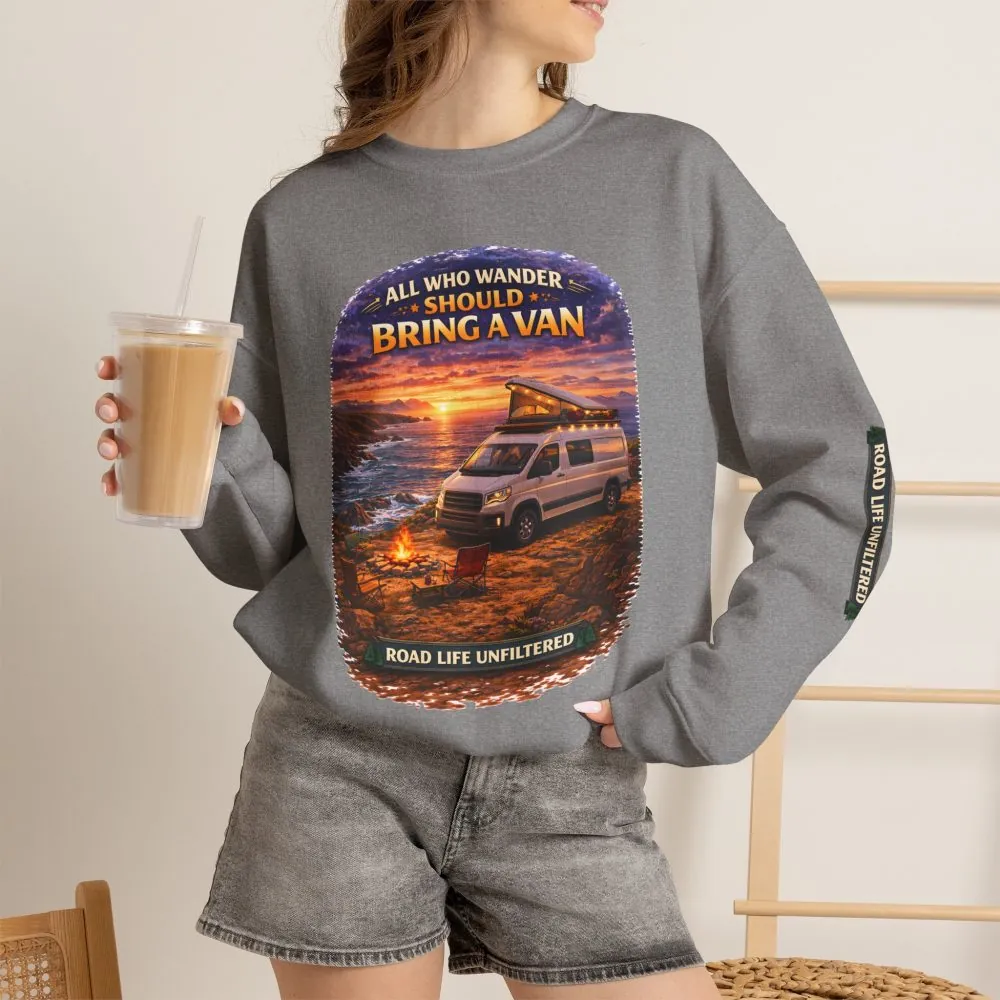 747695549232089990_2048.jpeg Unisex Heavy Blend™ Crewneck Sweatshirt — "All Who wander Should Bring A Van" Design Scenic-Line
