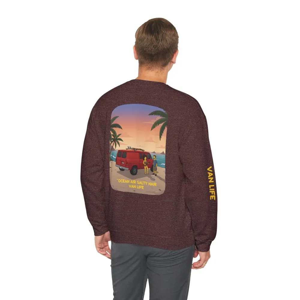 Unisex Heavy Blend™ Crewneck Sweatshirt — "Ocean Air Salty Hair Van Life" Design Sitcom-Line