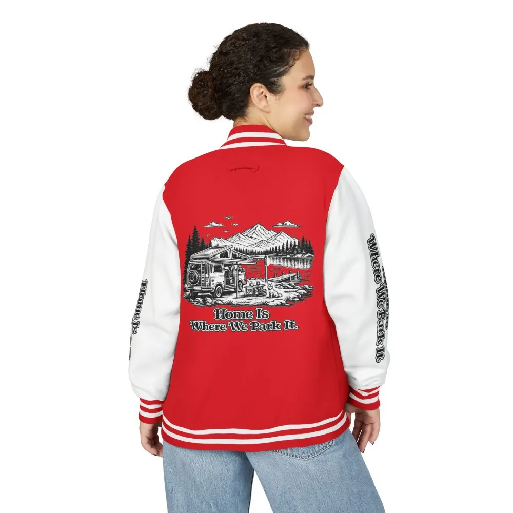 7508965470631813402_2048.jpeg Unisex Heavyweight Letterman Jacket — "Home Is Where You Park It" Travel Varsity Coat