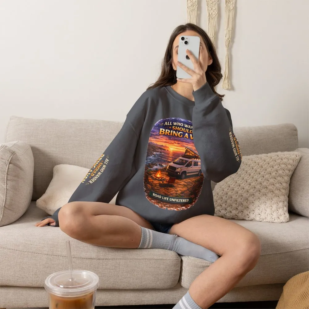 7546114397667059722_2048.jpeg Unisex Heavy Blend™ Crewneck Sweatshirt — "All Who wander Should Bring A Van" Design Scenic-Line