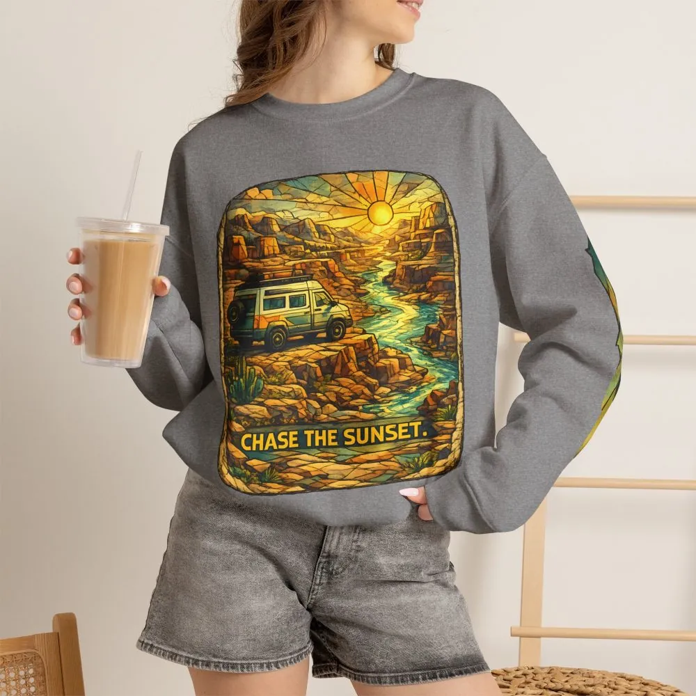 Unisex Heavy Blend™ Crewneck Sweatshirt — "Chase The Sunset" Design Cubic-Line