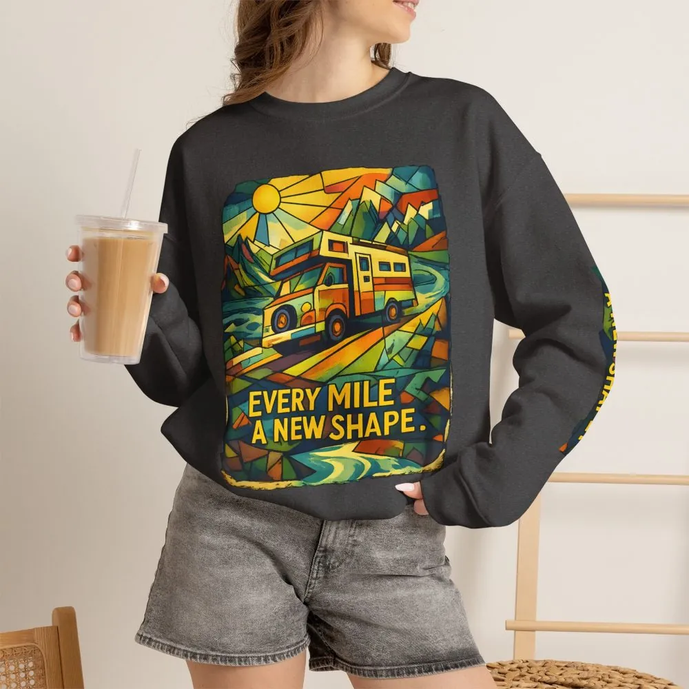 Unisex Heavy Blend™ Crewneck Sweatshirt — "Every Mile A New Shape" Design Cubic-Line