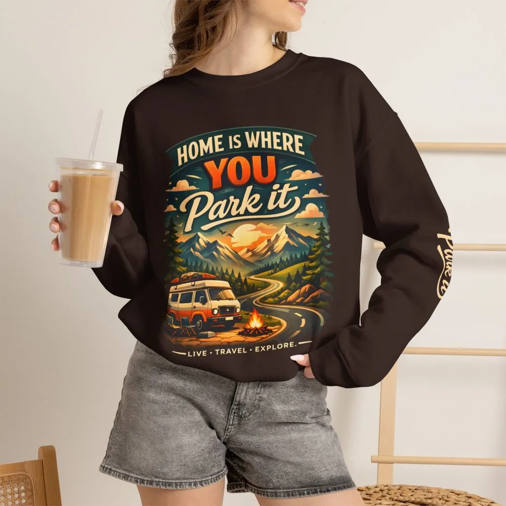 Unisex Heavy Blend™ Crewneck Sweatshirt — "Home Is Where You Park It" Design Scenic-Line