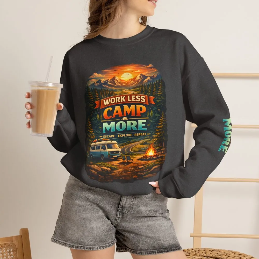 7568503992556271035_2048.jpeg Unisex Heavy Blend™ Crewneck Sweatshirt — "Work Less-Camp More" Design Scenic-Line