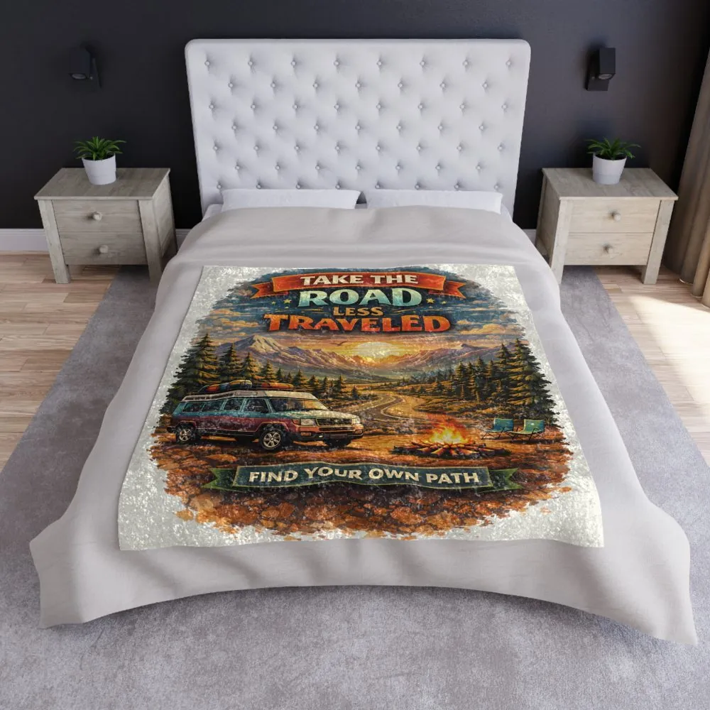 Crushed Velvet Blanket —"Take The Road Less Traveled" Design Scenic-Line (Campervan)