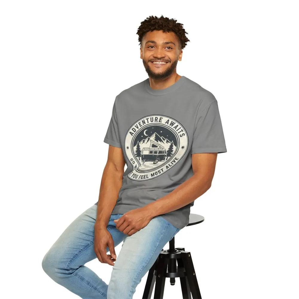 7637423314513113513_2048.jpeg T-Shirt — "Adventure Awaits-Go Where You Feel Most Alive" (Only Front Printed) Outdoor Travel Tee