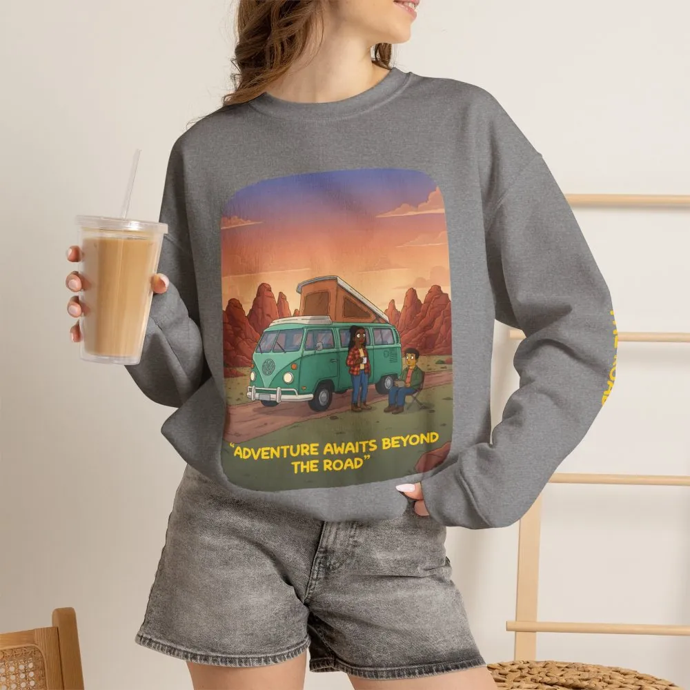 7641767080038047784_2048.jpeg Unisex Heavy Blend™ Crewneck Sweatshirt — "Adventure Awaits Beyond The Road" Design Sitcom-Line