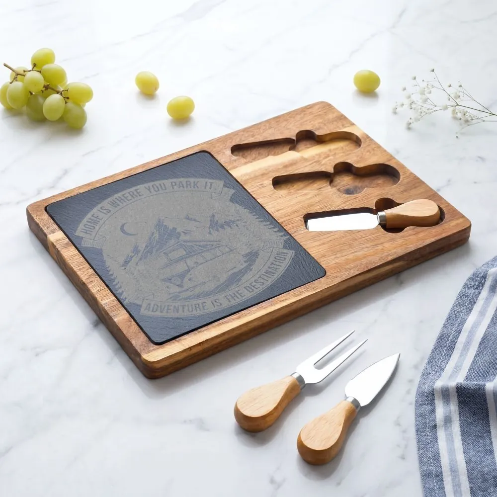Engraved Charcuterie Board - "Home Is Where You Park It-Adventure is the destination" (4 Variants Available)